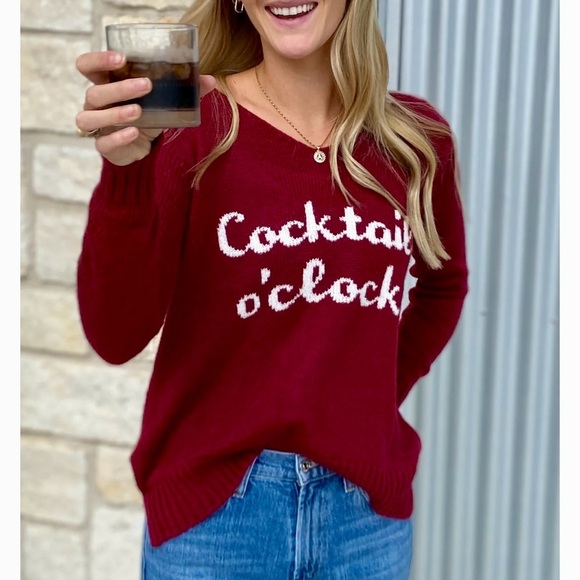 NWT Wooden Ships Red V-Neck Sweater with 'Cocktail o'clock' Design - Picture 1 of 6